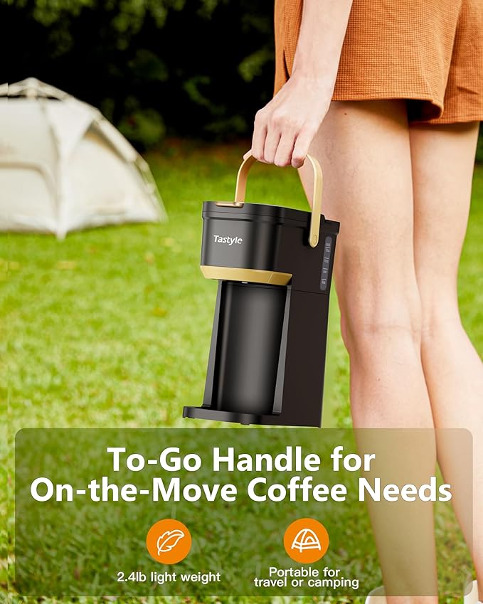 Single Serve One Cup Coffee Maker for K Cups and Grounds Mini Coffee Maker with Portable Handle 6 to 12 Oz Brew Size for Travel Camping Office RV and Dorm 120V Black and Gold