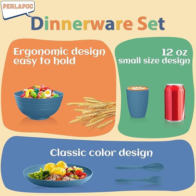 Wheat Straw Dinnerware Sets for 4 Reusable Plastic Dinner Plates Unbreakable Kids Plates and Bowls Sets 20 PCS Dishwasher &amp Microwave Safe Kitchen Camping Dorm Dish Sets- Blue