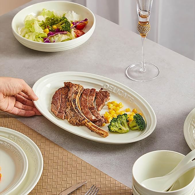 Embossed Art Dish Set 38 Pieces Serving Plates and Bowls Sets High Temperature Resistance Dinnerware Set for 6 Non-Slip Bottom Dining Table Set Smooth Surface Safe and Easy to Clean
