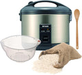 Tiger JNP-S10U 5.5 Cup Capacity White Rice Cooker with Spatula and Measuring Cup Bundle with Rice Washing Bowl and Bamboo Spoon (3 Items)