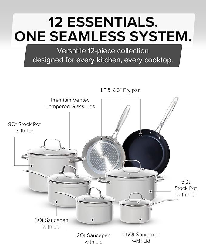 Nuwave Healthy G11-Pots and Pans Set Non Stick 9H Near-Diamond Hardness Scratch-Resistant Works on All Stovetops PFAS Free with Frying Pans Saucepans &amp Glass Lids Stay-Cool Handles Tinsel