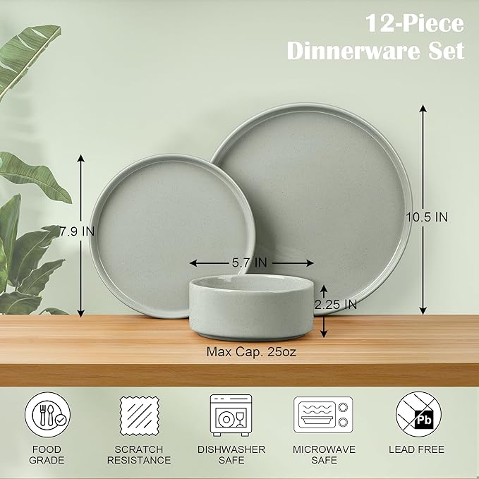 E-far Stoneware Dinnerware Sets 12-Piece Plates and Bowls Dish Set for 4 Kitchen Modern Dinning Ware Chip and Scratch Resistant Microwave &amp Dishwasher Safe Speckled Green