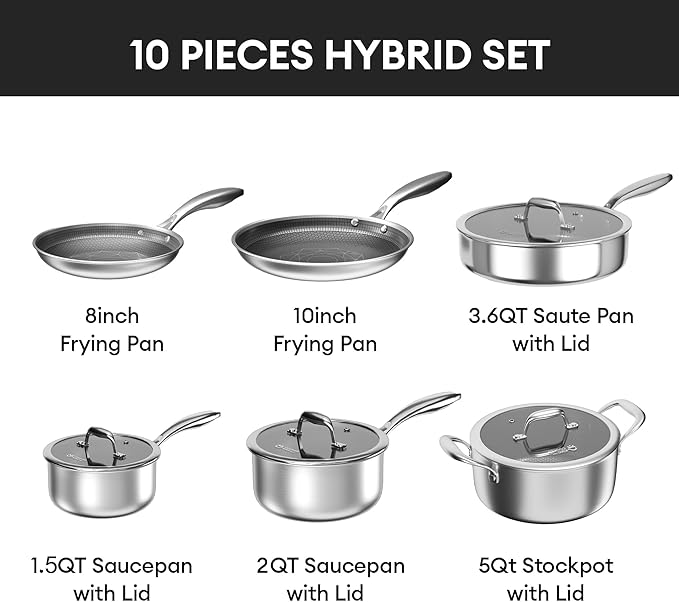 COOKER KING Stainless Steel 10pcs Cookware Set Pots and Pans Set with Lids Frying Pans Saucepans Saute Pan &amp Stock Pot Non Stick Non Toxic Induction Oven Dishwasher Safe Stay-Cool Handle