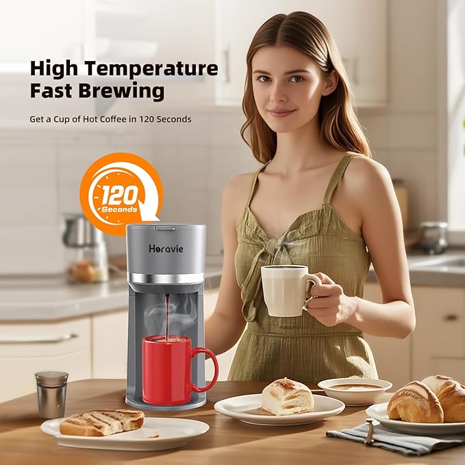 Mini Single Serve Coffee Maker for K Cup Pods and Ground Coffee Fast Brew One Cup Coffee Machine with Descaling Reminder and Water Window 6 to 12 oz. Brew Sizes Gray