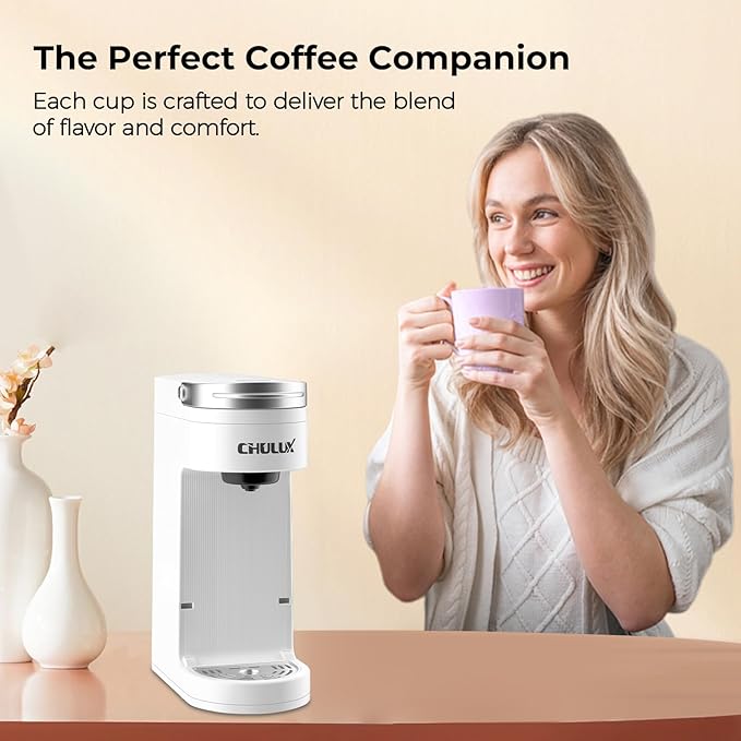 CHULUX Slim Single Serve Coffee Maker for K Pod One Cup Coffee Maker Fits 7.3 Travel Mugs Coffee Machine with 6 to 12oz Brew Sizes Pearl White
