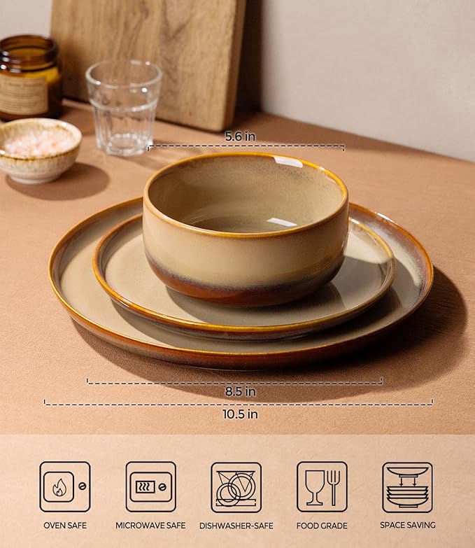 TheTerra Ceramic Dinnerware Sets for 4 12 Pieces Handmade Reactive Glaze Plates and Bowls Set Scratch Resistant Dish Set Oven &amp Microwave &amp Dishwasher Safe Creamy Amber
