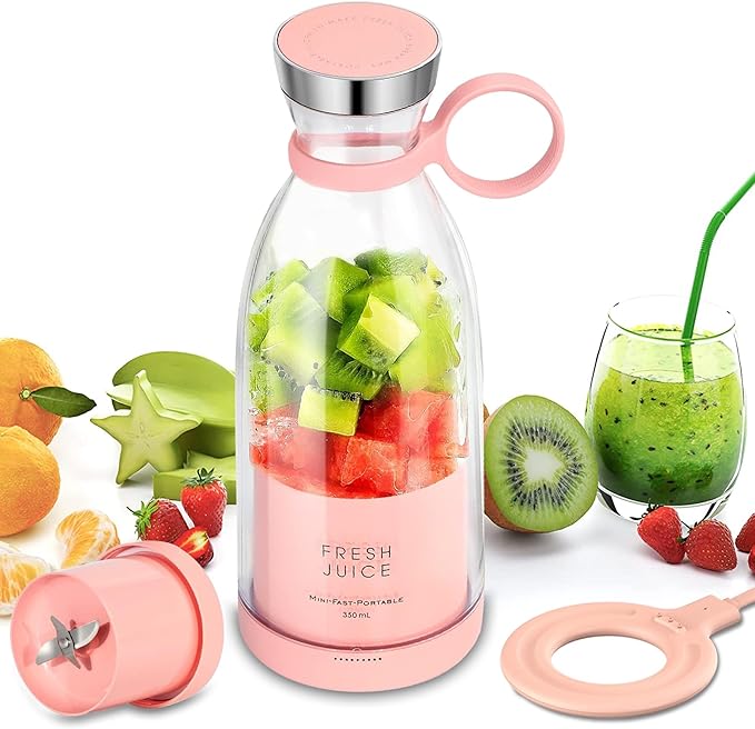Personal Portable Blender 350ml USB Rechargeable Smoothie Maker with Stainless Steel Blade BPA-Free &amp Easy Clean Compact Travel Cup for Gym Office Home - Pink