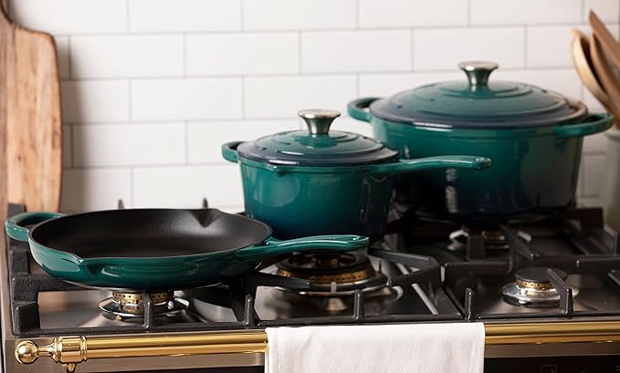 Larder &amp Vine 9 Piece Enameled Cast Iron Cookware Set Oven Safe and Compatible with all Cooktops – includes 3.6 Qt Braiser 5.7 QT and 8 QT Dutch Ovens 10.25in Skillet and 2.2 QT Saucepan (Bondi
