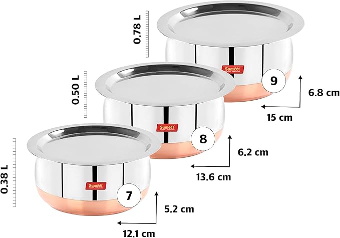 Sumeet Stainless Steel Copper Bottom Belly Shape 3 Pc Tope/Cookware/Pot Set with Lid 380ML 500ML 780ML (Silver)