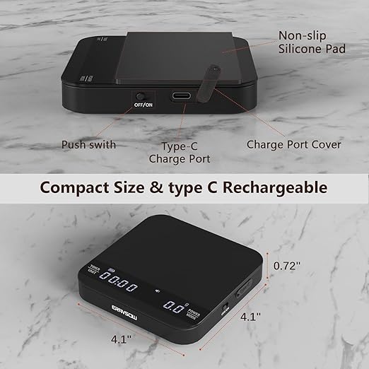 Coffee Scale with Auto Timing Mini Rechargeable Espresso Scale with Timer 2kg/0.1g High Precision Scale for Espresso and Pour-Over Coffee with Brewing Assist Modes