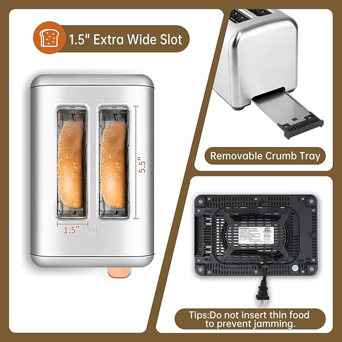 SEEDEEM Toaster 2 Slice Real Touch Screen with LCD Display Single-Slice Function Stainless Steel Toaster 50% Faster Heating 1.5 Wide Slots Removable Crumb Tray 1350W Silver Metallic