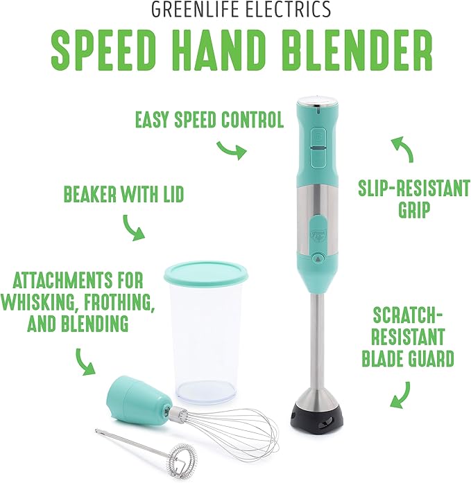 GreenLife 500-Watt Immersion Electric Handheld Stick Blender with Stainless Steel Blades Whisk Frother Measuring Cup and Lid Soups Puree Cake Multi-Speed Control Portable Turquoise