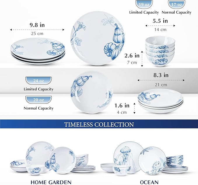 Minh Long 12 Pcs Porcelain Thanksgiving Dinnerware Set Pumpkins Harvest Plates and Bowls Set for 4 Fall Dishes Chip &amp Scratch Resistant Oven Safe up to 482°F Non Toxic Dishwasher &amp Microwa