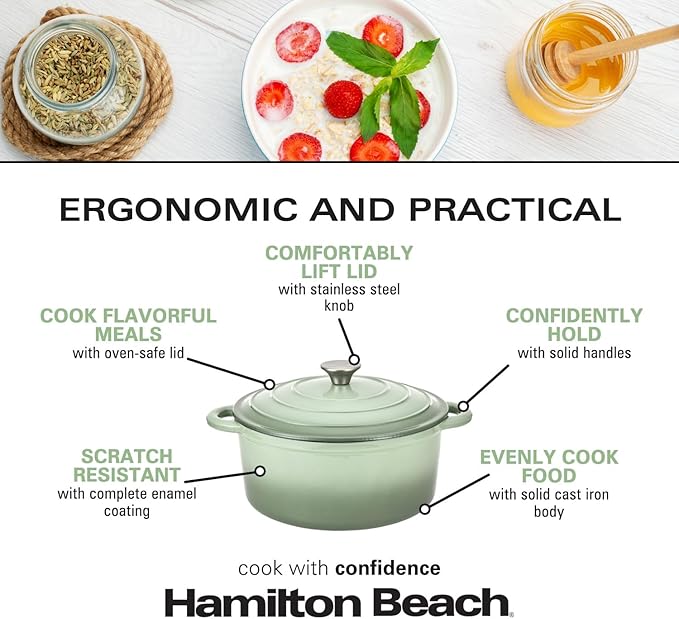 Hamilton Beach Enameled Cast Iron Dutch Oven 5.5-Quart Sage Cream Enamel Dutch Oven Pot with Lid