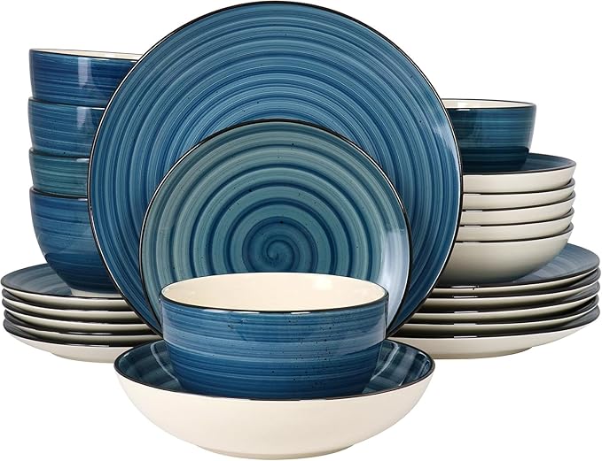 24-Piece Stoneware Dinnerware Set – Round Two-Tone Hand-Painted Dishes with Swirl Design Service for 6 Microwave &amp Dishwasher Safe Tableware (Dark Blue)