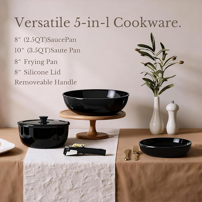 Pots and Pans Set Non Stick Ceramic Cookware Set Detachable Handle RV Camping Kitchen Cooking Set Removable Handles Dishwasher/Oven/Fridge Safe Induction Space SavingBlack Gold