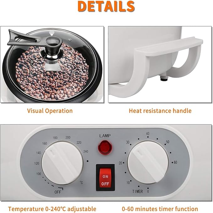ERICAT Home Coffee Roaster 800 W Upgrade Coffee Roaster Machine with Clear Glass Cover 0-240℃ Adjustable Temperature and 750g Coffee Capacity 60 Minute Intelligent Timeing for Home and Kitchen