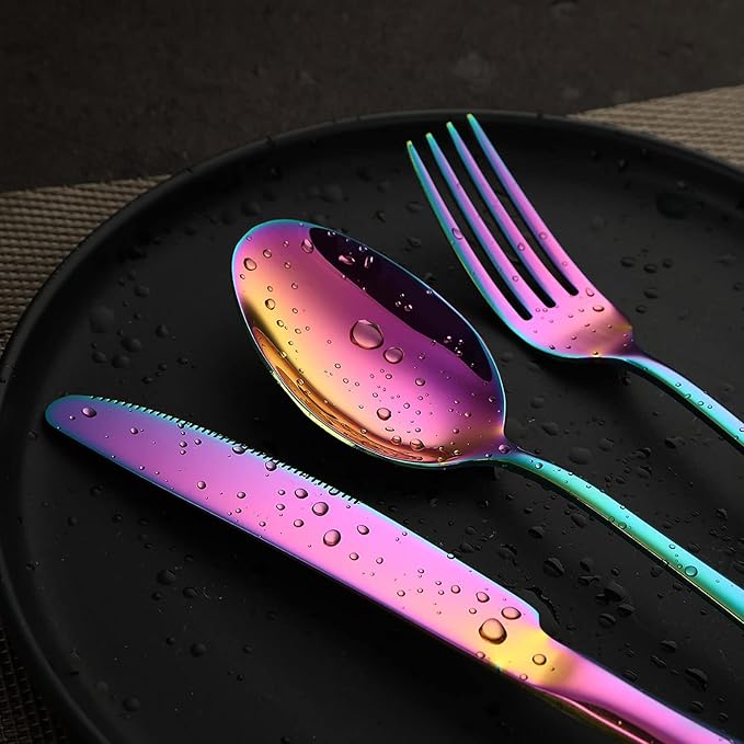 VANDBAO Rainbow Flatware Cutlery Silverware Set 20 Pieces Stainless Steel Colorful Utensils Tableware Set Service for 4 Include Knife/Fork/Spoon Reusable Mirror Polished Dishwasher Safe