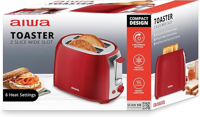 Aiwa Toaster 2 Slice Wide Slot Reheat and Defrost Function 6 Browning Settings Drop Down Crumb Tray Red