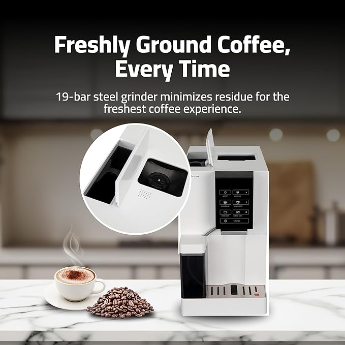 Epsilon Fully Automatic Coffee Machine Modern One Touch Espresso Machine Integrated Milk Frother and Custom Brewing Cafe Maker Compact Countertop Size Self Cleaning Cafetera (White)