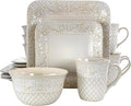 16 Piece Square Stoneware Dinnerware Set – Ivory Plates and Bowls with Baroque Design Microwave &amp Dishwasher Safe Dinnerware for 4 Elegant Tableware Set