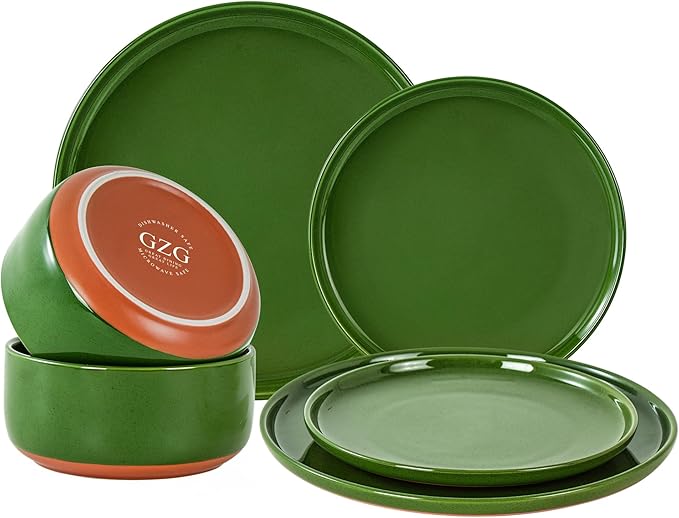 GZG Modern Art Series - 6 Pcs Speckled Stoneware Plates and Bowls Sets Ceramic Dinnerware Set with Rustic Terracotta Underside Microwave and Dishwasher Safe Handcrafted Dishes Set - Verdant Green
