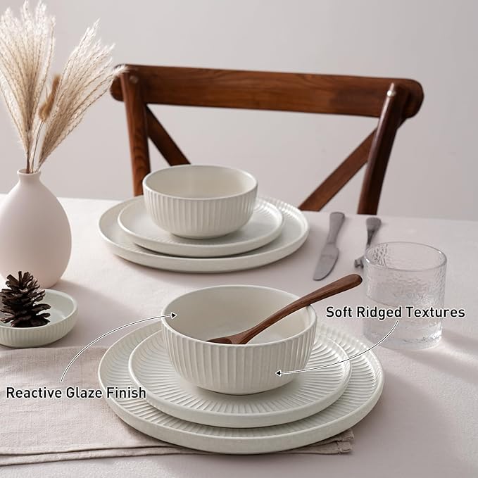 Famiware Starlight Plates and Bowls Dishes Set of 8 (24 Pieces) Ribbed Textured Stoneware Dinnerware Sets- Dishwasher &amp Microwave Safe Chip Resistant Matte Reactive White