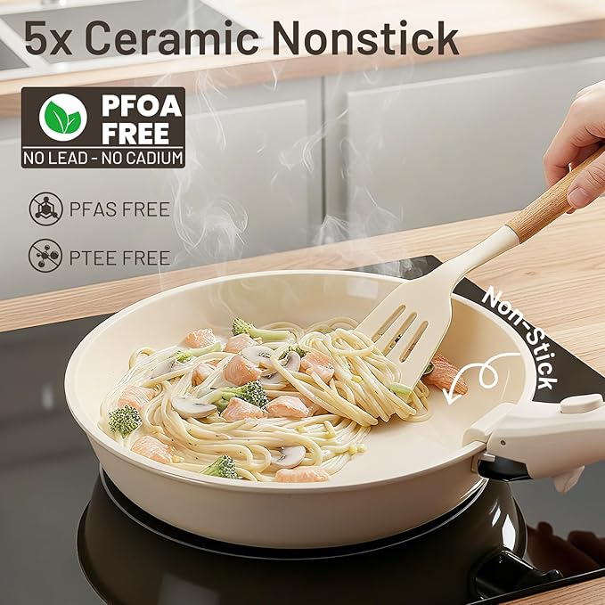 KIKCOIN Ceramic Cookware Set Non Stick Pots and Pans Set with Detachable Handle - 25 Pack Stackable Cooking Set for RV Kitchen - Induction Ready - Dishwasher and Oven Safe