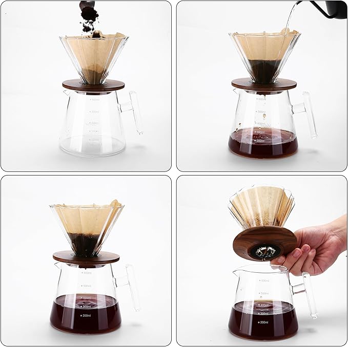 Pour Over Coffee Maker 20 oz Borosilicate Glass Set with 100 pcs Paper Filter Walnut Collar &amp Glass Lid Drip Coffee Maker 1-3 Cups Clear 600 ml Petal Shape