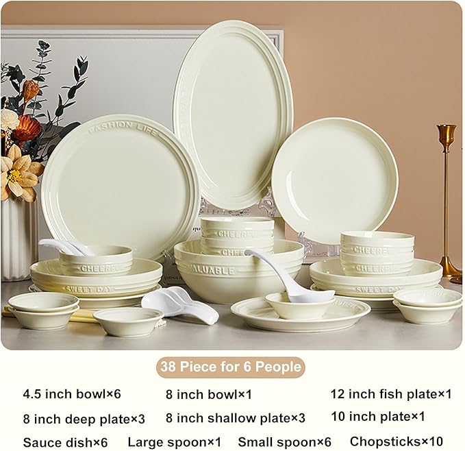 Embossed Art Dish Set 38 Pieces Serving Plates and Bowls Sets High Temperature Resistance Dinnerware Set for 6 Non-Slip Bottom Dining Table Set Smooth Surface Safe and Easy to Clean