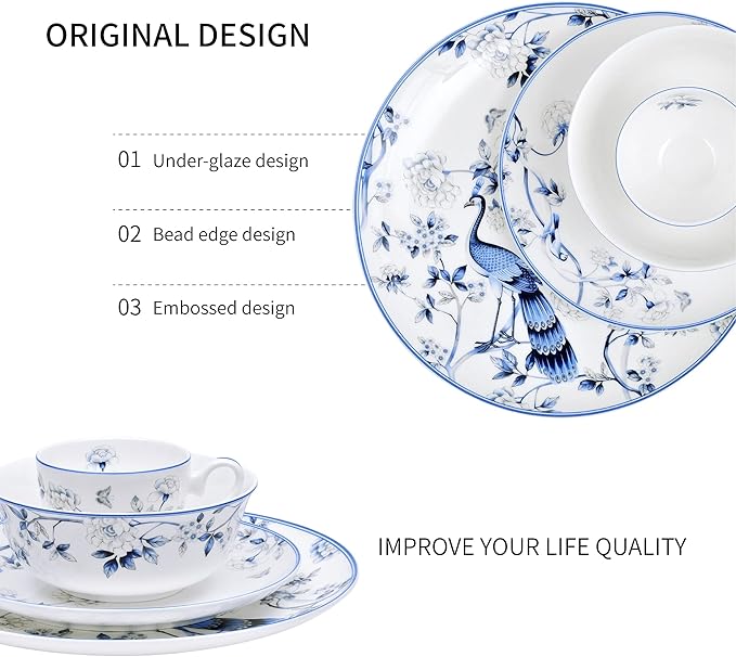 16 PCS Top-Grade Bone China Dinnerware Set for 4Jingdezhen Blue and White Porcelain Kitchen Bowls Dinner Table Plates Coffee Cups