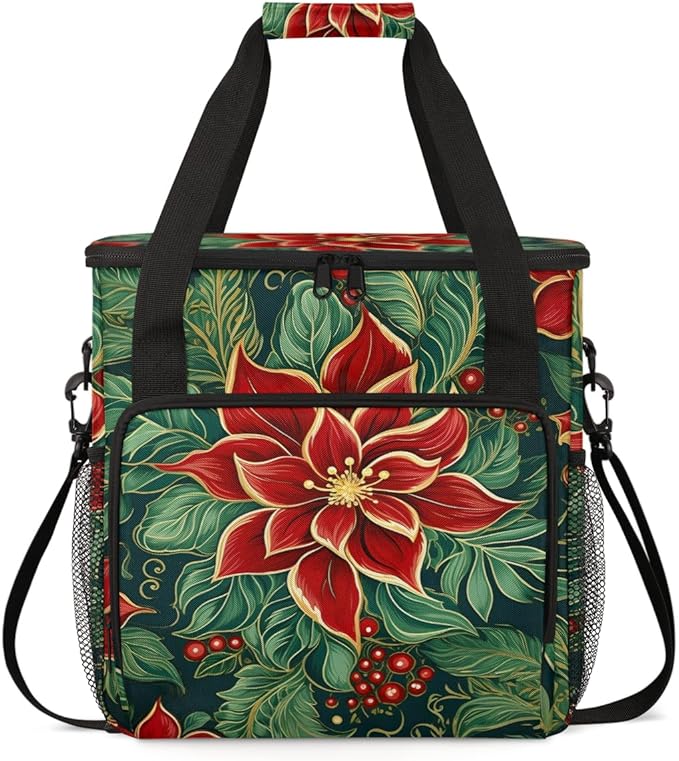 Holly Berry Flowers Coffee Maker Carrying Bag Xmas Flowers Travel Storage Bag Compatible with K-Mini or K-Mini Plus Single Serve Coffee Brewer Carrying Case with Multiple Pockets &amp Shoulder Stra