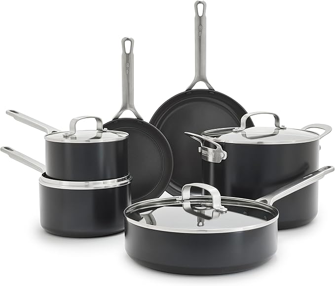 GreenPan x Bobby Flay Hard Anodized Nonstick 10 Piece Cookware Set PFAS-Free Ceramic Pots &amp Pans Induction Suitable Frypans Saucepans Saute Stockpot Glass Lids Dishwasher &amp Oven Safe B
