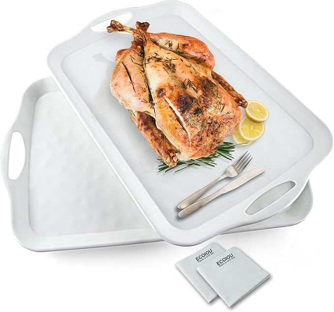 Extra Large Serving Tray with Handles 20x13 inch Set of 2 Melamine Platters for Serving Food Turkey Cookie Rectangular Trays for Eating Raised Dots Matt Finished Dishwasher Safe White