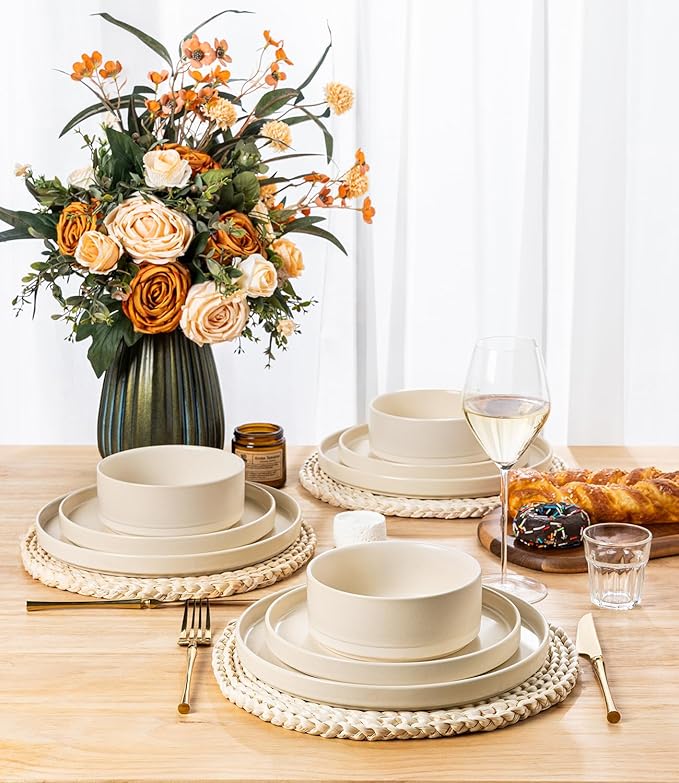 TheTerra Ceramic Dinnerware Sets for 8 24 Pieces Handmade Reactive Glaze Plates and Bowls Set Scratch Resistant Dish Set Oven &amp Microwave &amp Dishwasher Safe Matte White
