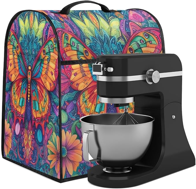 Kitchen Aid Mixer Cover Animal Butterfly Color Flowers Stand Mixer Cover Compatible with 6-8 Quarts Stand Mixers Dust Covers with Zipper Pocket Foldable Washable Kitchen Aid Organizer Bag