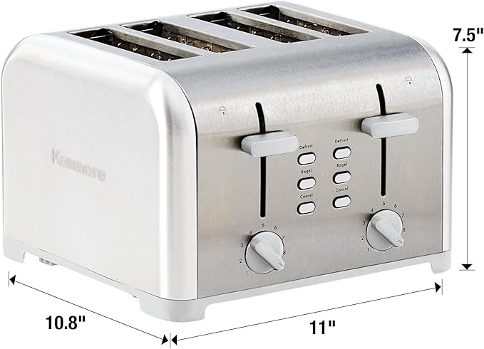 Kenmore Toaster 4 Slice - Extra Wide Slot Countertop Kitchen Appliance Defrost Function Grille-Pain 9 Shade Settings Compact Design Easy Clean Crumb Tray Bread Bagel Stainless Steel &amp White