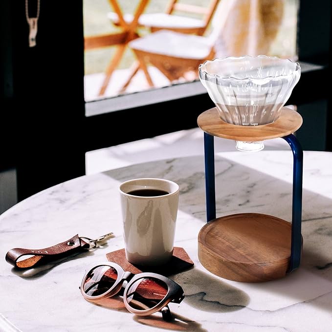 SOTECH Pour Over Coffee Maker Set with Black Gooseneck Kettle Wooden Filter Holder Coffee Dripper Glass Server with Paper Coffee FiltersDIY Manual Coffee Maker Set (Maker Stand Blue)