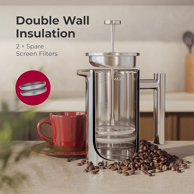 MuellerLiving French Press Coffee Maker 20oz Stainless Steel French Press Coffee 4 Filter Heat Resistant Double Insulated Rust-Free Food Grade Dishwasher Safe Coffee Pot