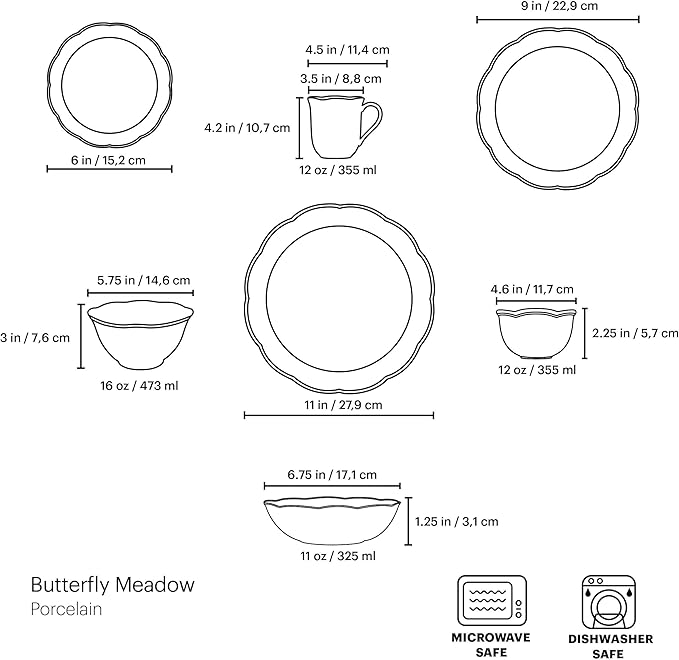 Lenox Dinnerware Set Butterfly Meadow 28-Piece Set Service For 4 Porcelain Plates With Scalloped Edges Plates And Bowls Sets Microwave Safe Dishwasher Safe Home &amp Kitchen (28 Piece Assorte