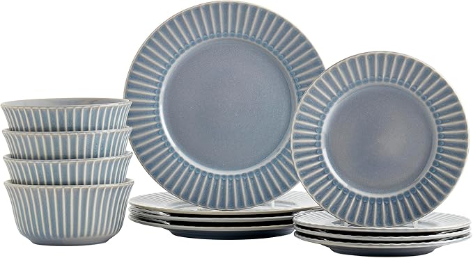 Tabletops Gallery Richmond 12-Piece Reactive Glaze Stoneware Dinnerware Set of Kitchen Dishes Dinner Plates Cereal Bowls Service for 4 Gray