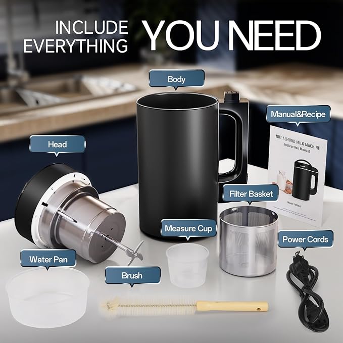 304 Stainless Steel Almond Milk Maker Machine (Built-in Filter) 50oz 6-7 Cups Per Batch 8-IN-1 Cooking Blender Make Plant Based Nut Milk Soy Oat Milk Soup &amp Juice Automatic Cleaning (Black)