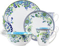 Blue Fiesta 16 Piece Porcelain Dinnerware Set – Round Mandala Plates Bowls &amp Mugs in Vibrant Blue and Green – Microwave &amp Dishwasher Safe Tableware for 4