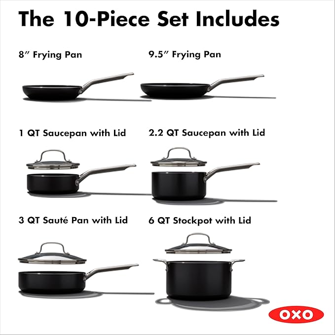 OXO Agility Series 10 Piece Cookware Pots and Pans Set Ceramic Nonstick PFAS-Free Induction SkilletsSaucepansLidsEven HeatingStainless Steel HandlesChip-Free RimsDishwasher &amp Oven SafeBl