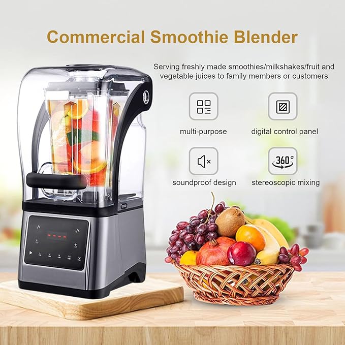Commercial Smoothie Blender With Digital Display | 2200W Fast Blending Blender For Crushing Ice 1.6 L Cup + Sound Enclosure For Smoothies Ice Crushing Cocktail Nut Butter