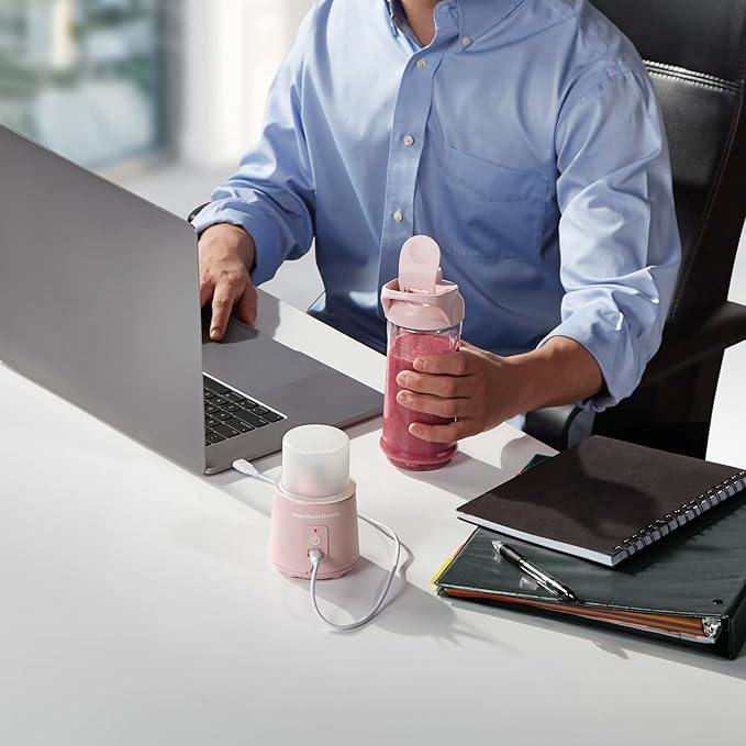 Hamilton Beach Mini Cordless Portable Personal Blender for Shakes and Smoothies USB Rechargeable 16 oz. Jar with Leakproof Travel Lid 6 Stainless Steel Blades Pink (51181)