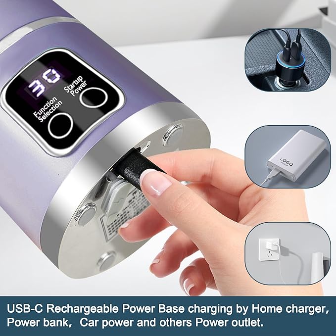 Portable blenderUSB-C rechargeablePersonal compact travel juicer cup15OZ for Shakes SmoothiesFresh juiceSelf-cleaningLeakproof lid Smart time display12 bladeswith strong blending Purple