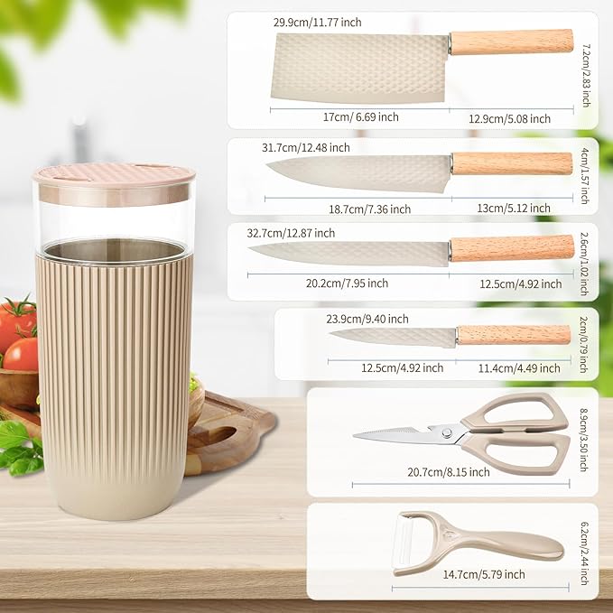 Knife Set 7-Piece Kitchen Knife Set with Sharp Chef and Meat Knives Anti-Rust Utility Knives Set for Kitchen Kitchen Knife Block Set – Khaki