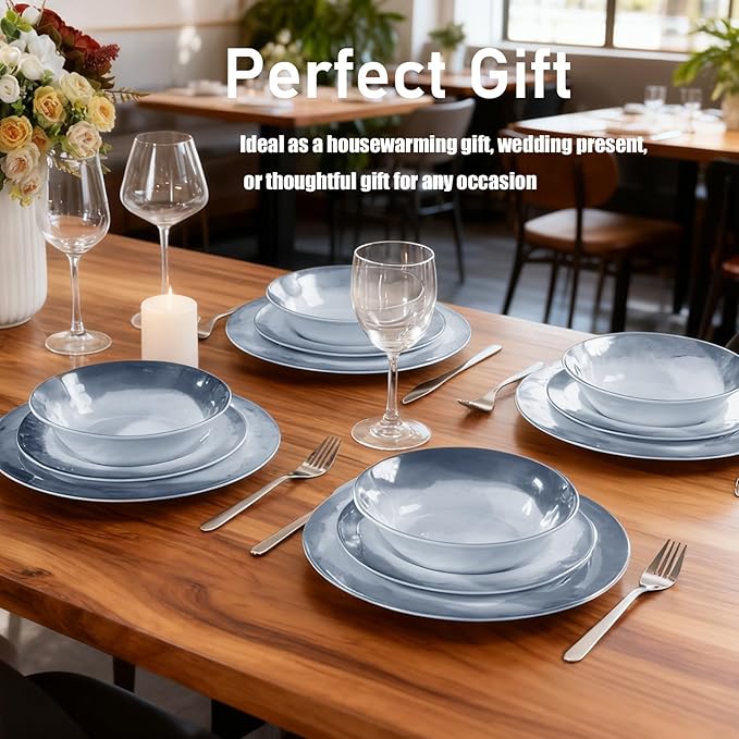 Melamine Dinnerware Sets-12 Pieces Outdoor Plates and Bowls Set for 4 Durable Dinner Plates for Camping Picnics Party Chip Resistant Dishes Grey Blue Dishwasher Safe