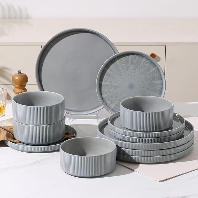 Dinnerware Sets for 4 Ceramic Plates and Bowls Set 12 Piece Dinnerware Chip Resistant Stoneware Dishwasher and Microwave Safe-Blue